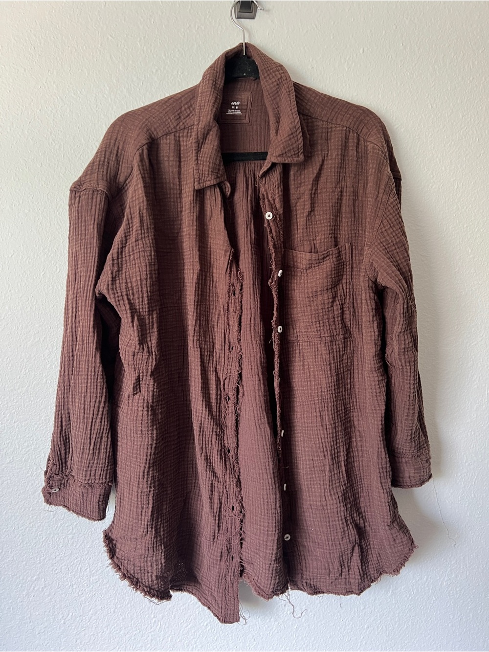AERIE Chocolate Brown Gauze Pool to Party Oversized Button down Shirt - Picture 2 of 3